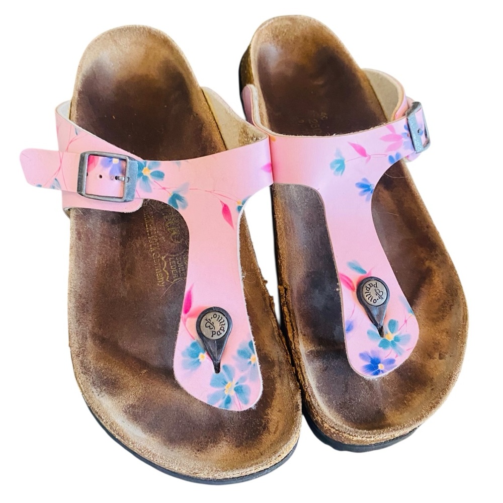 Birkenstock Pink Floral Thong Sandals with Blue Accents